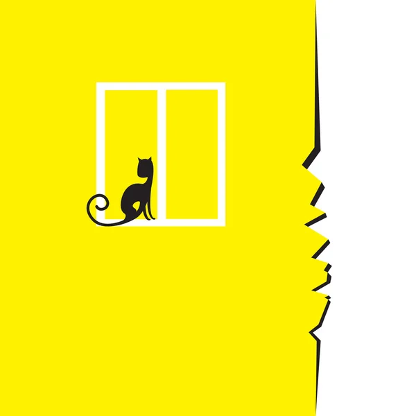Riss in der Wand mit einem Fenster und einer sitzenden Katze — Stockvektor