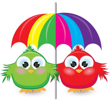 Two cartoon sparrow under the colorful umbrella clipart