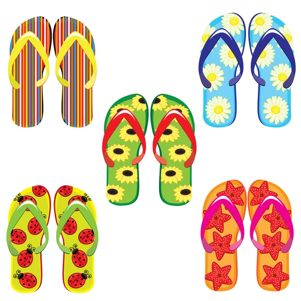 Five pairs of colorful flip flops — Stock Vector