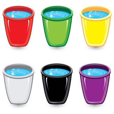 Set of colorful buckets of soapy water clipart