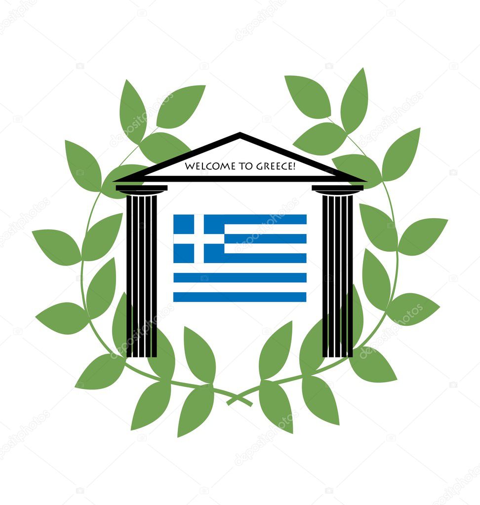 Greek Temple with Doric columns and greek flag