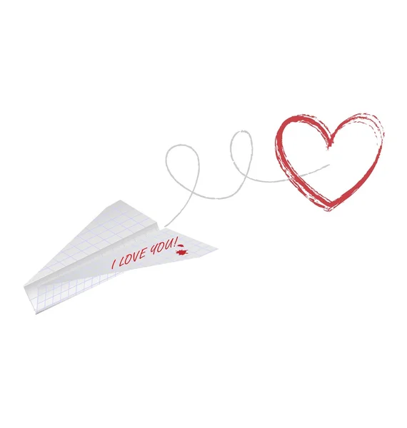Avion en papier avec coeur — Image vectorielle