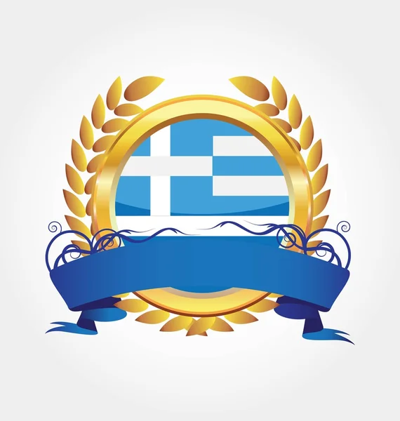 Drapeau à bouton brillant Grèce avec cadre doré — Image vectorielle