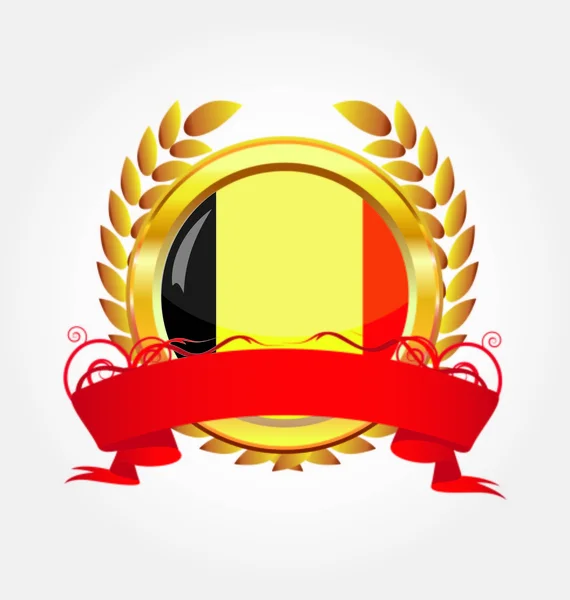 Bélgica bandeira de botão brilhante com moldura dourada — Vetor de Stock