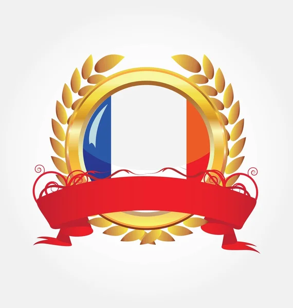 Bandera botón brillante Francia con marco dorado — Vector de stock