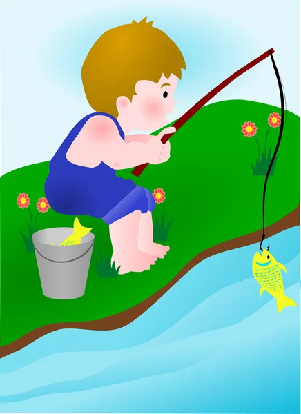 Niño pescando — Vector de stock