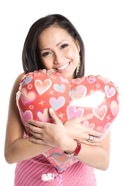 Ázsiai nő, szív alakú léggömb — Stock Fotó