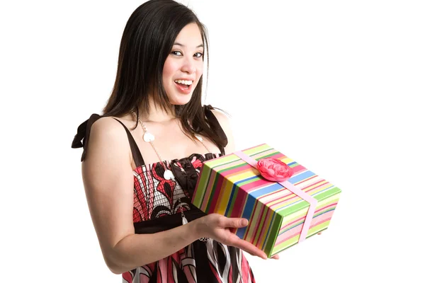 Asian woman holding a gift box — Stock Photo, Image