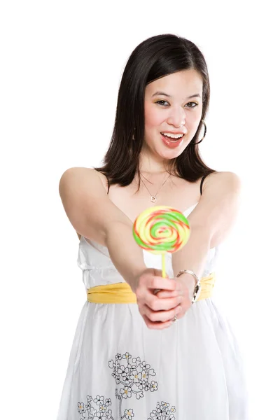 Beautiful asian woman with lollipop — Stock Photo, Image