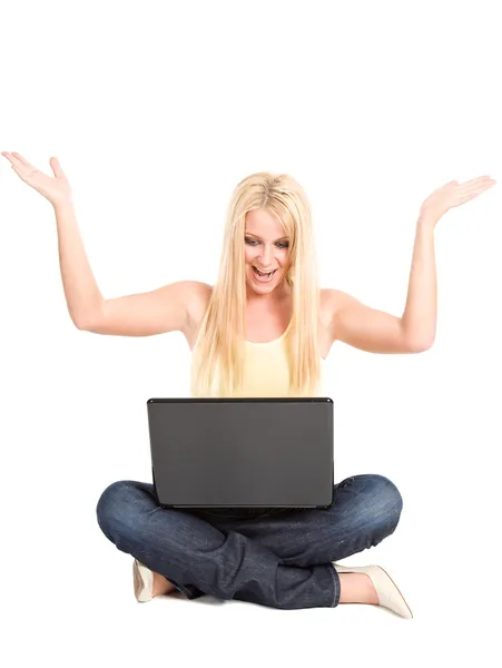 Glad ung student med laptop — Stockfoto