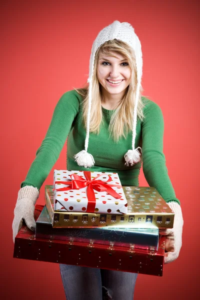 Caucasian girls with gifts — Stock Photo, Image