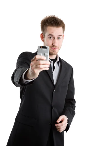 Caucásico hombre de negocios con cámara de teléfono — Foto de Stock