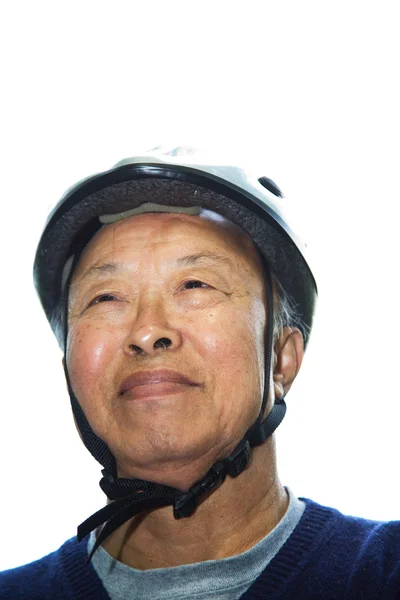 Sénior asiático homem com capacete de bicicleta — Fotografia de Stock