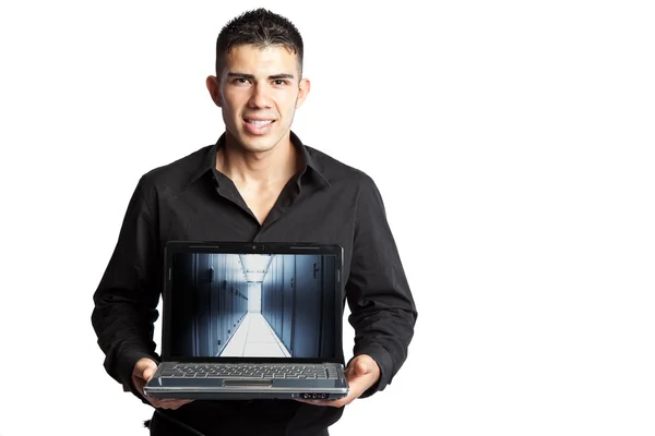 Homem de negócios hispânico com laptop — Fotografia de Stock
