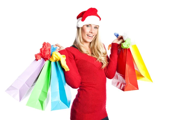 Niña santa compras de Navidad — Stockfoto