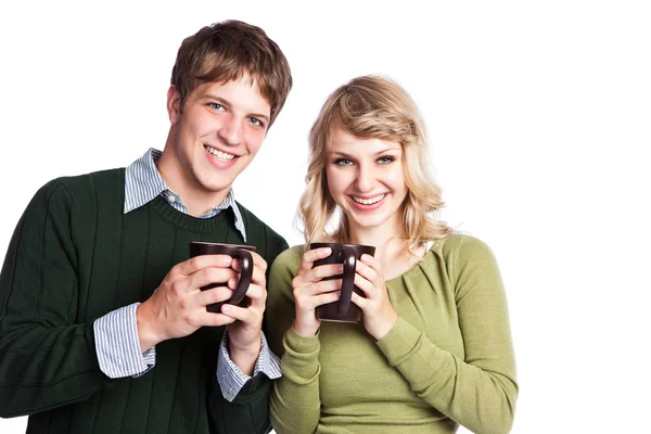 Kaukasisches Paar mit Kaffeetassen — Stockfoto