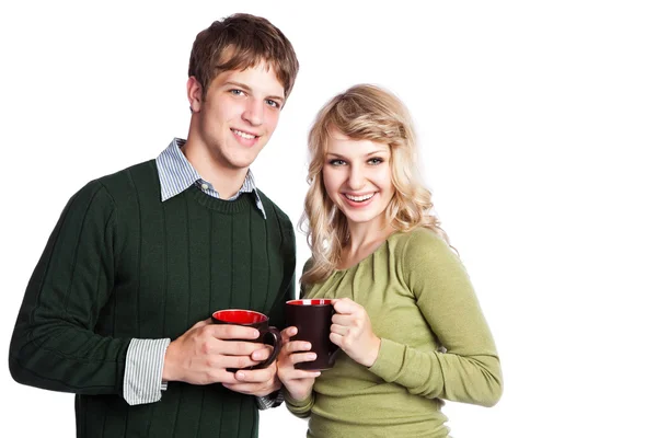 Caucásico pareja sosteniendo tazas de café —  Fotos de Stock