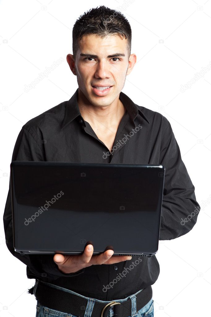 Hispanic businessman with laptop