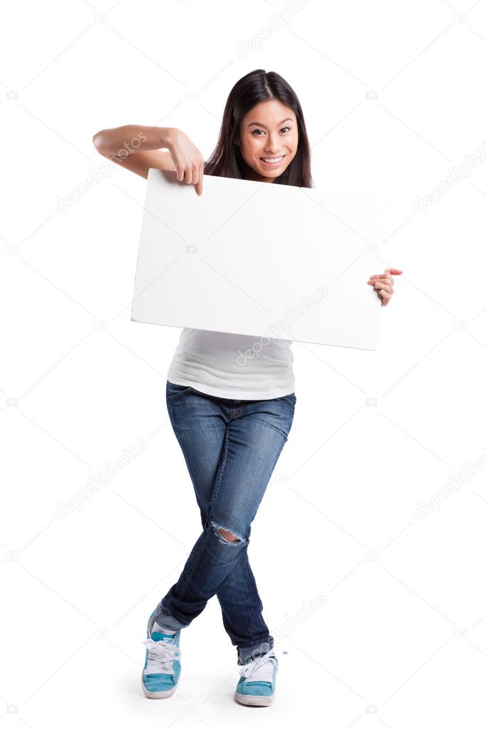 Asian woman with blank poster