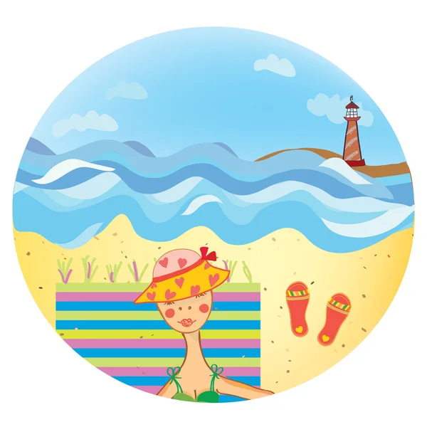Icono del mar con chica en la playa — Archivo Imágenes Vectoriales