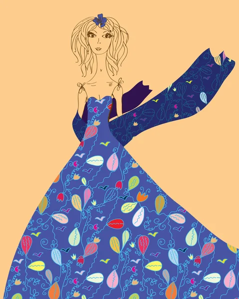 Carte de mode avec fille en robe — Image vectorielle