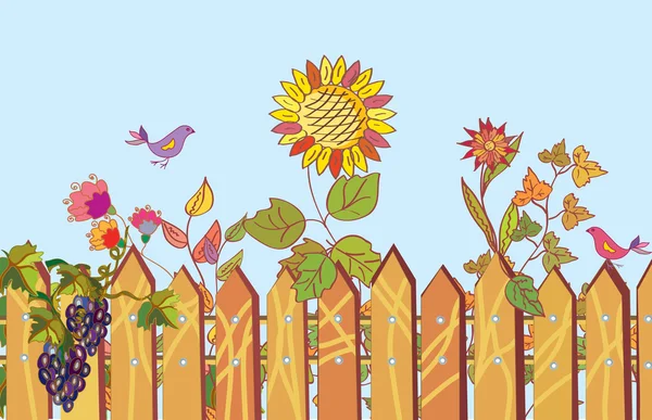Φράχτη και λουλούδια συνόρων κινουμένων σχεδίων το καλοκαίρι — Διανυσματικό Αρχείο