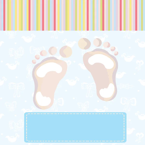 Baby boy ankomst kort med fotspår — Stock vektor