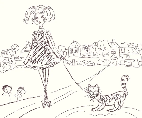 Kleines Mädchen mit Katze — Stockvektor