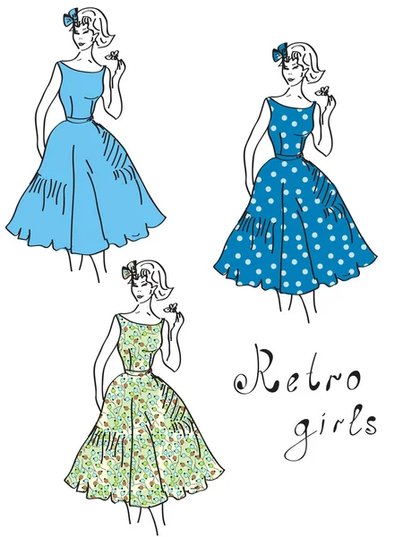 Vintage flickor i blommiga klänningar — Stock vektor