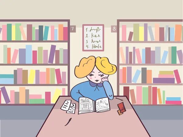 Dítě čtení v knihovně — ストックベクタ