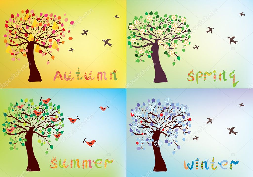 Four seasons card with tree