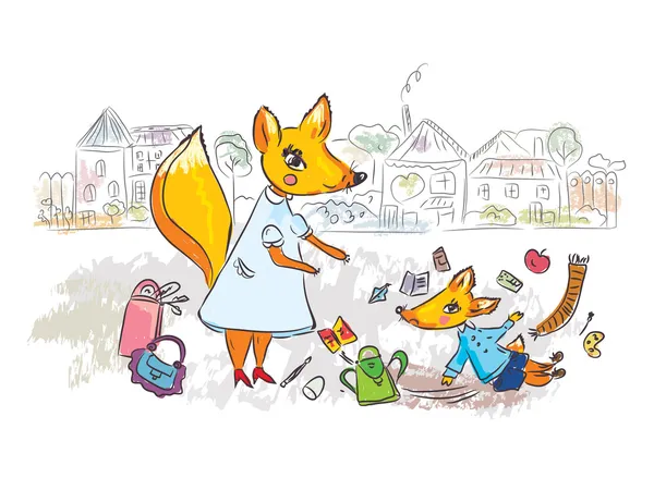 Family scene at the street with fox — Stock Vector