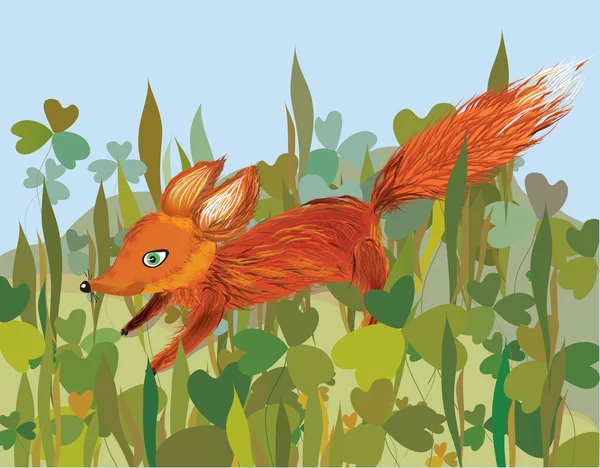 Fox in de gras-cartoon — Stockvector