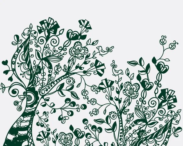 Květinové pozadí s strom a ptáci — Stockový vektor