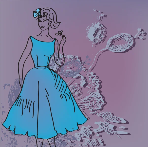Mode fille en robe bleue — Image vectorielle