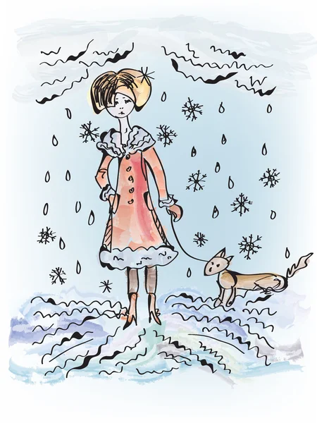 Menina triste com cão sob a neve —  Vetores de Stock
