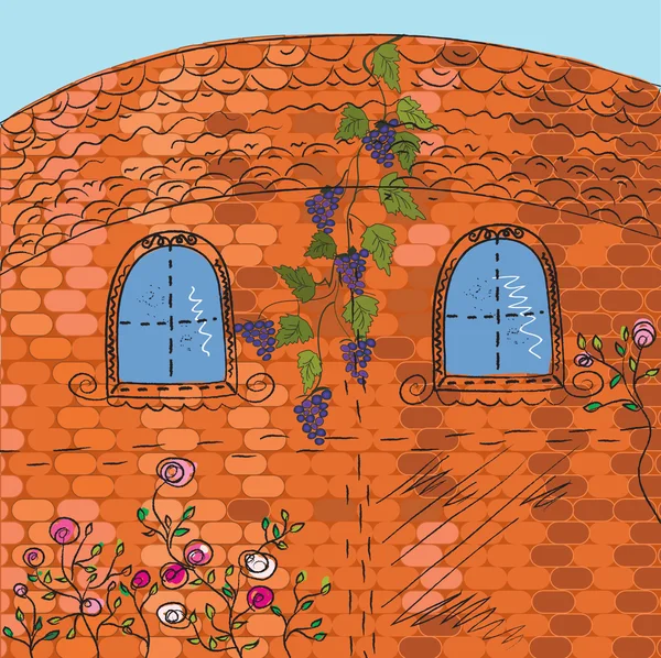 Mur en brique avec raisin et roses — Image vectorielle