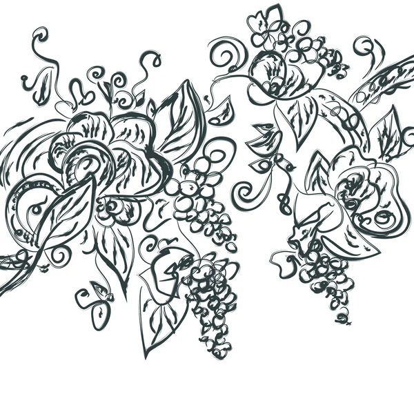 花卉手绘制的卡与葡萄 — 图库矢量图片