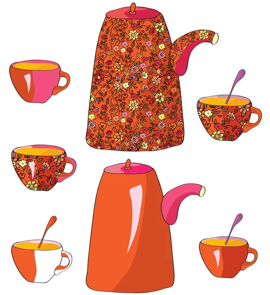 Tea pots and cups — Stock Vector