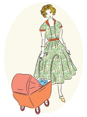 Retro mother with pram clipart