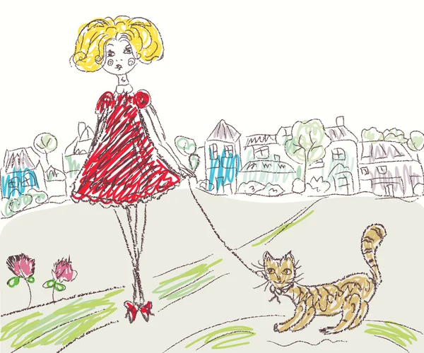 Chica con gato niños dibujo — Vector de stock