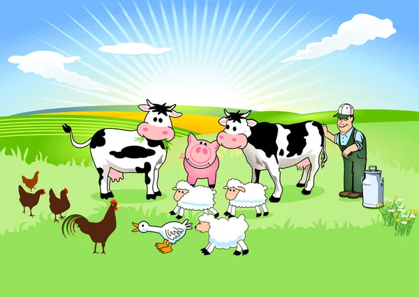 Agricultor e seus animais — Vetor de Stock