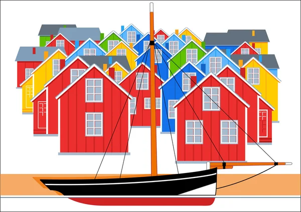 Old fishing boat at the pier — Stock Vector