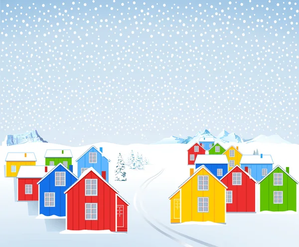 Красочные деревянные дома зимой — стоковый вектор