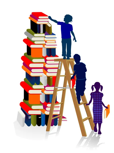 Montones de libros con niños — Vector de stock