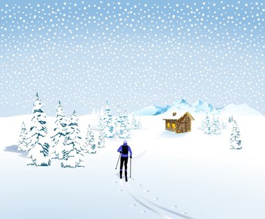 Kış manzarası ile bir kayakçı ve dağ kulübesi