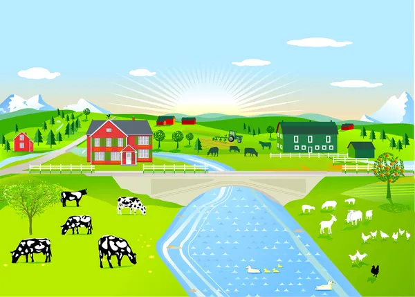 与农业动物的夏日晨景 — 图库矢量图片