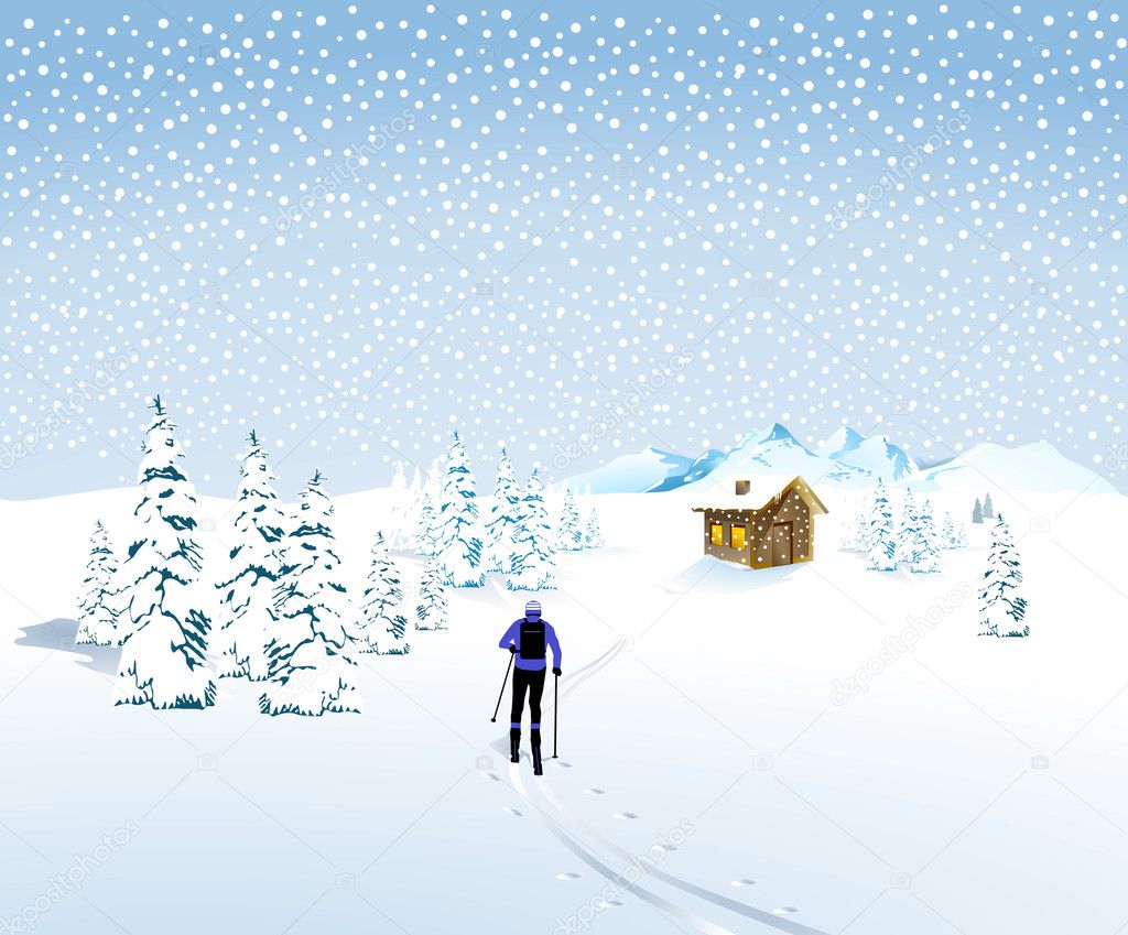 Winter landscape with a skier and mountain hut