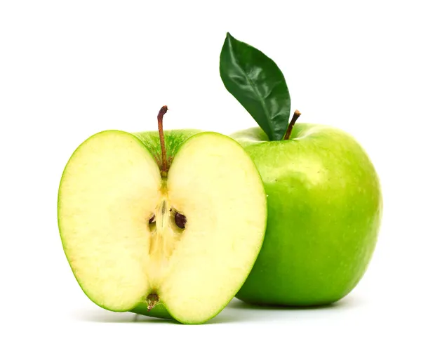 Green apple fruits and half of apple and green leaves — Stock Photo ...