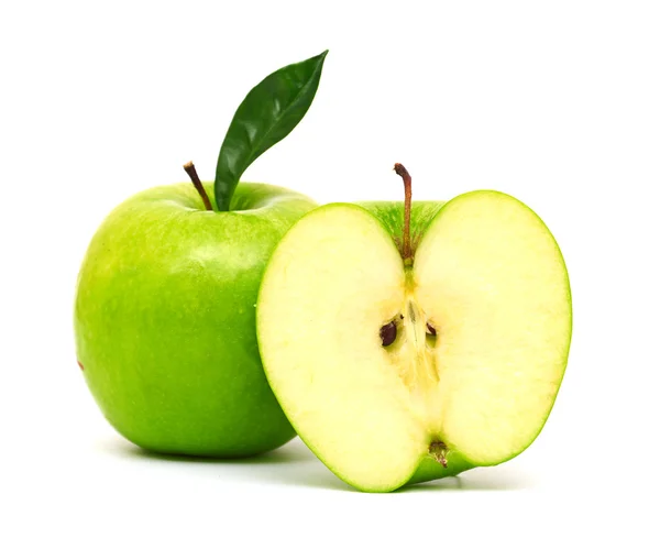 Green apple fruits and half of apple and green leaves — Stock Photo ...